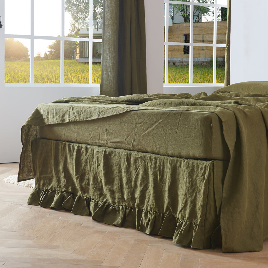 Green Olive Linen Bedskirt with Ruffle Hem