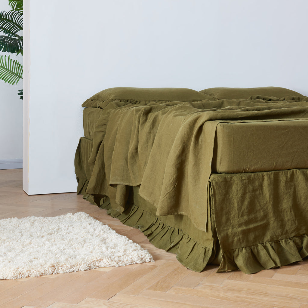 Olive Green Linen Ruffle Hem Bedskirt