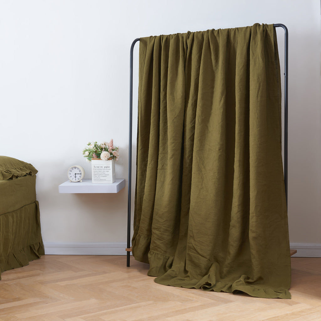 Olive Green Linen Ruffle Hem Flat Sheet