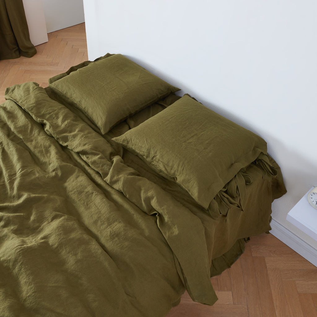Green Olive 100% Linen Bow Ties Euro Pillowcases On Bed - linenforce
