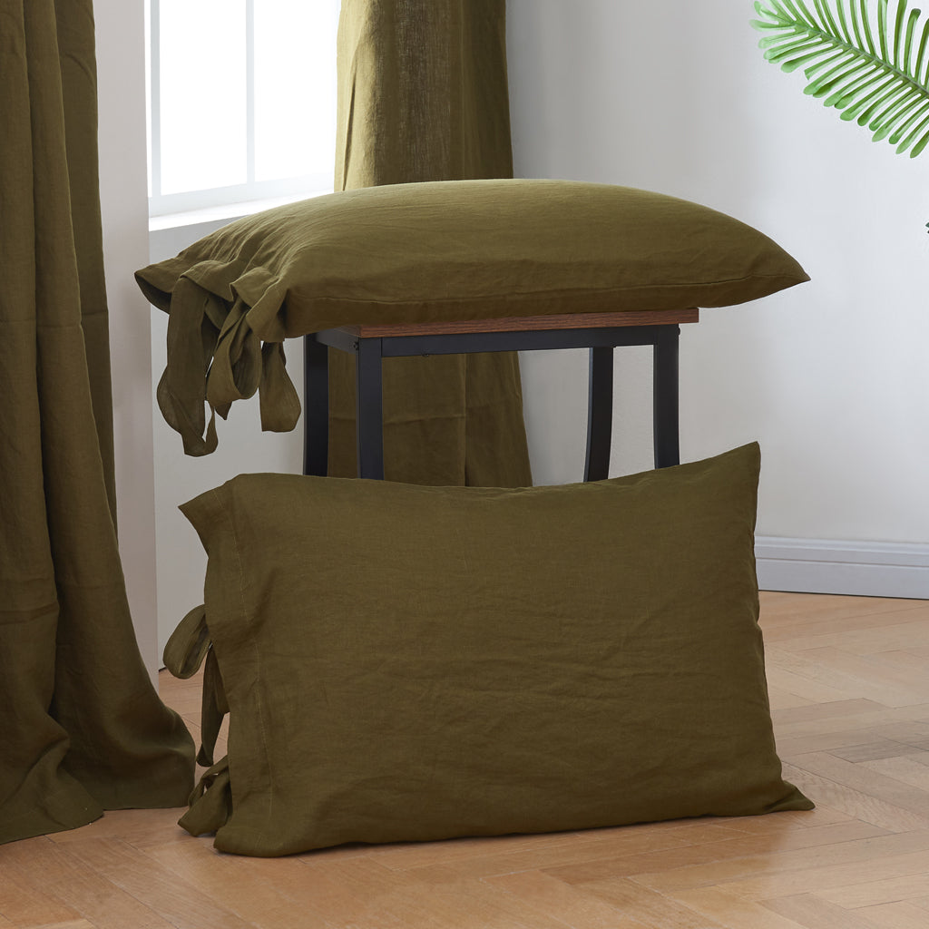 Green Olive 100% Linen Bow Ties Pillowcases On Floor - linenforce