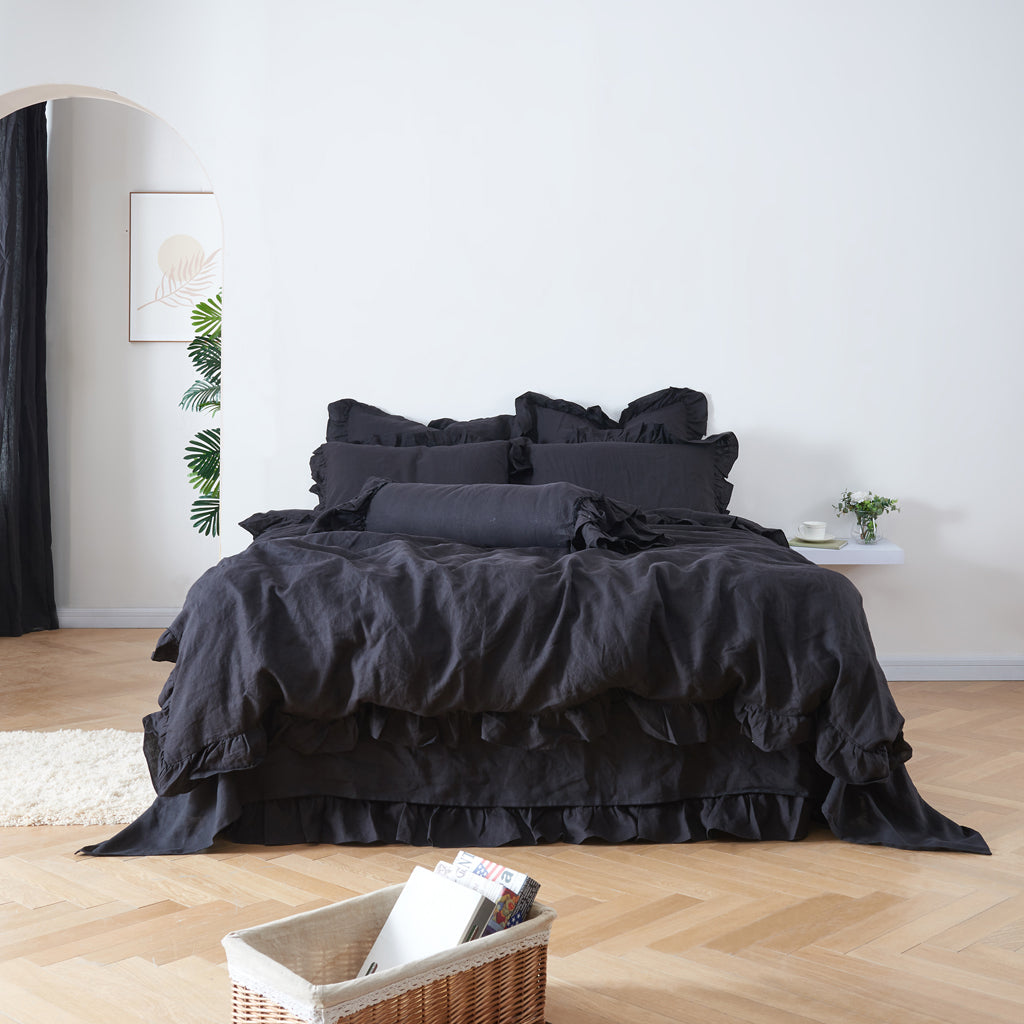 Front View Of Black 100% Linen Ruffle Hem Duvet Cover - linenforce