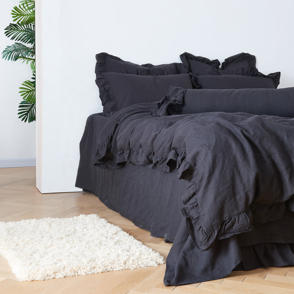 Side View Of Black 100% Linen Ruffle Hem Duvet Cover - linenforce