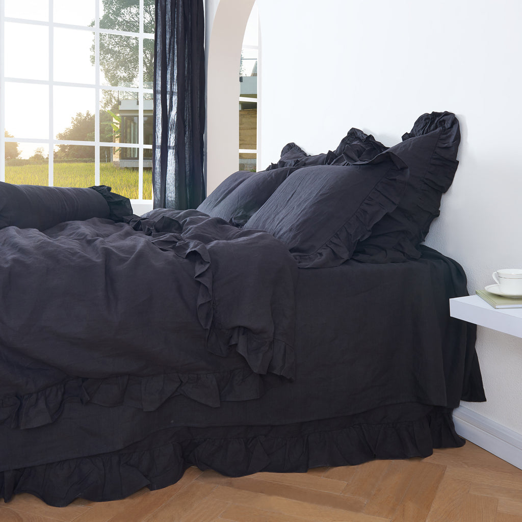 Close Up View Of Black 100% Linen Ruffle Hem Duvet Cover - linenforce