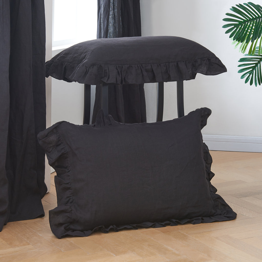 Black 100% Linen Ruffle Hem Pillowcases - linenforce