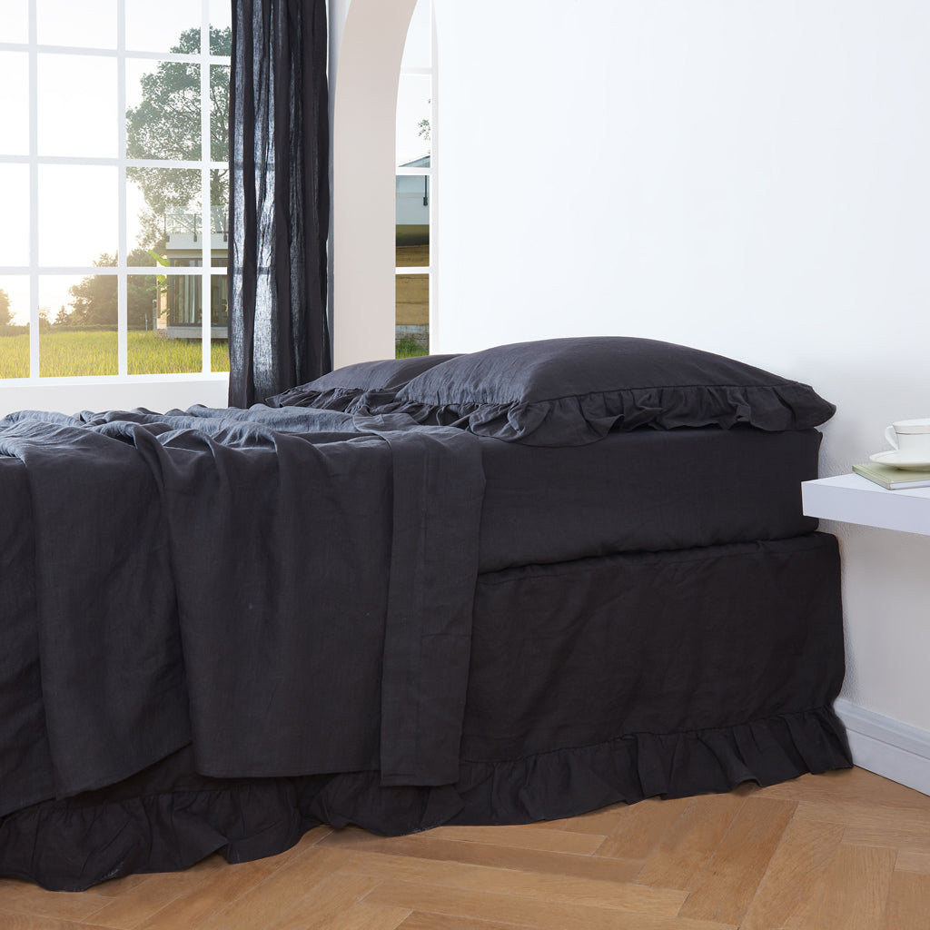 Close Up View Of Black 100% Linen Flat Sheet - linenforce