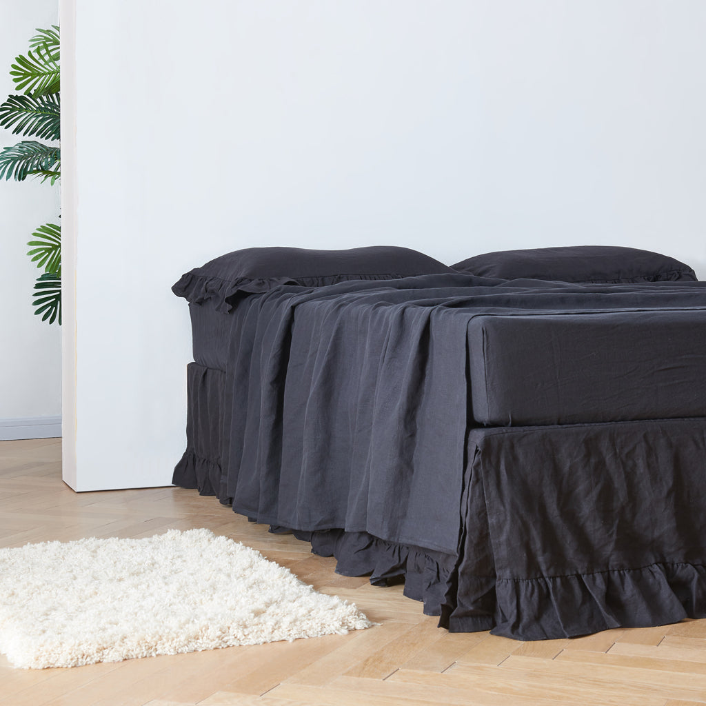 Black Linen Ruffle Hem Bedskirt