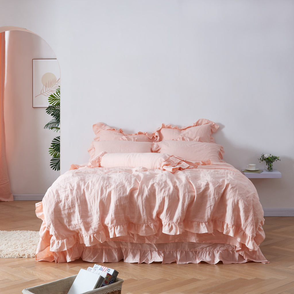 Peach 100% Linen Ruffle Hem Duvet Cover - linenforce