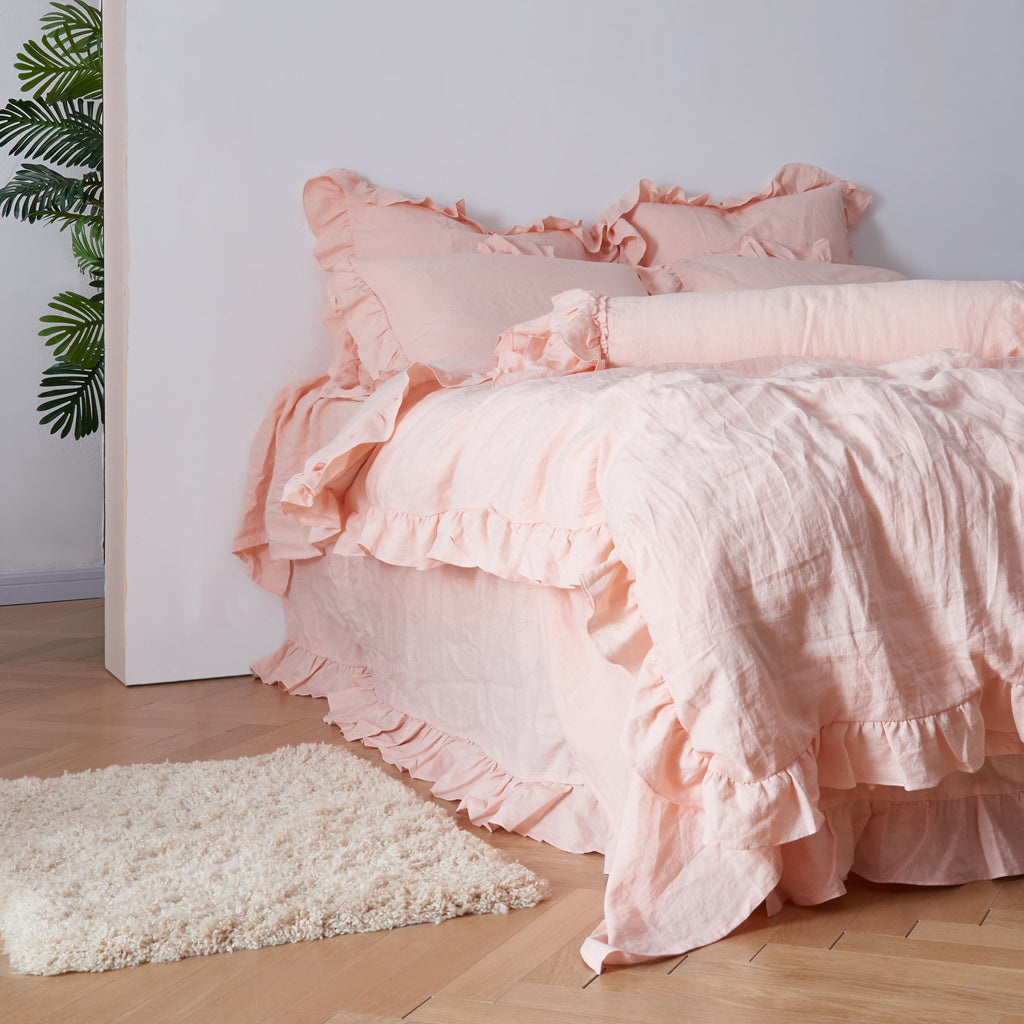 Side Front View Of Peach 100% Linen Ruffle Hem Duvet Cover - linenforce