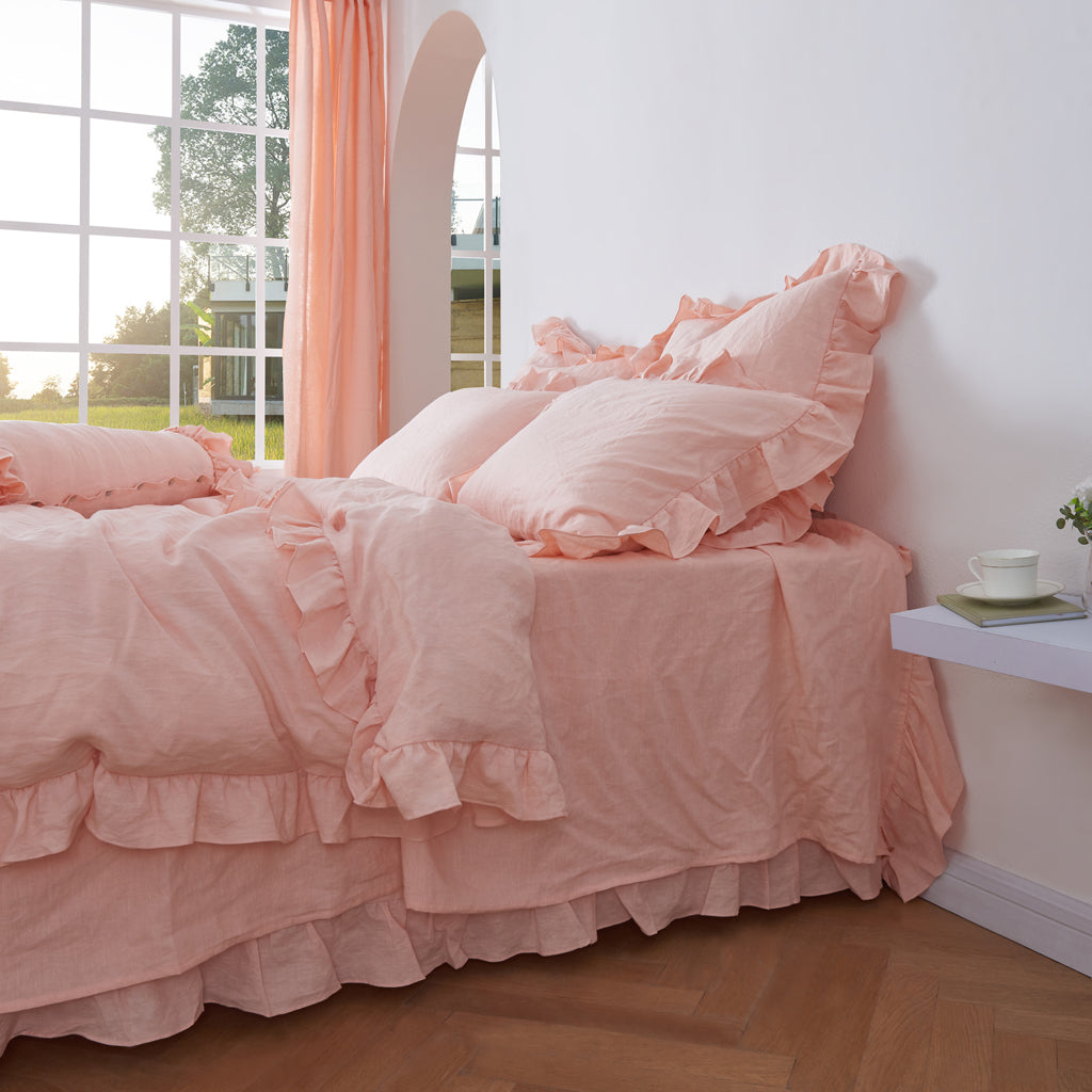 Close UP Of Peach 100% Linen Ruffle Hem Duvet Cover - linenforce