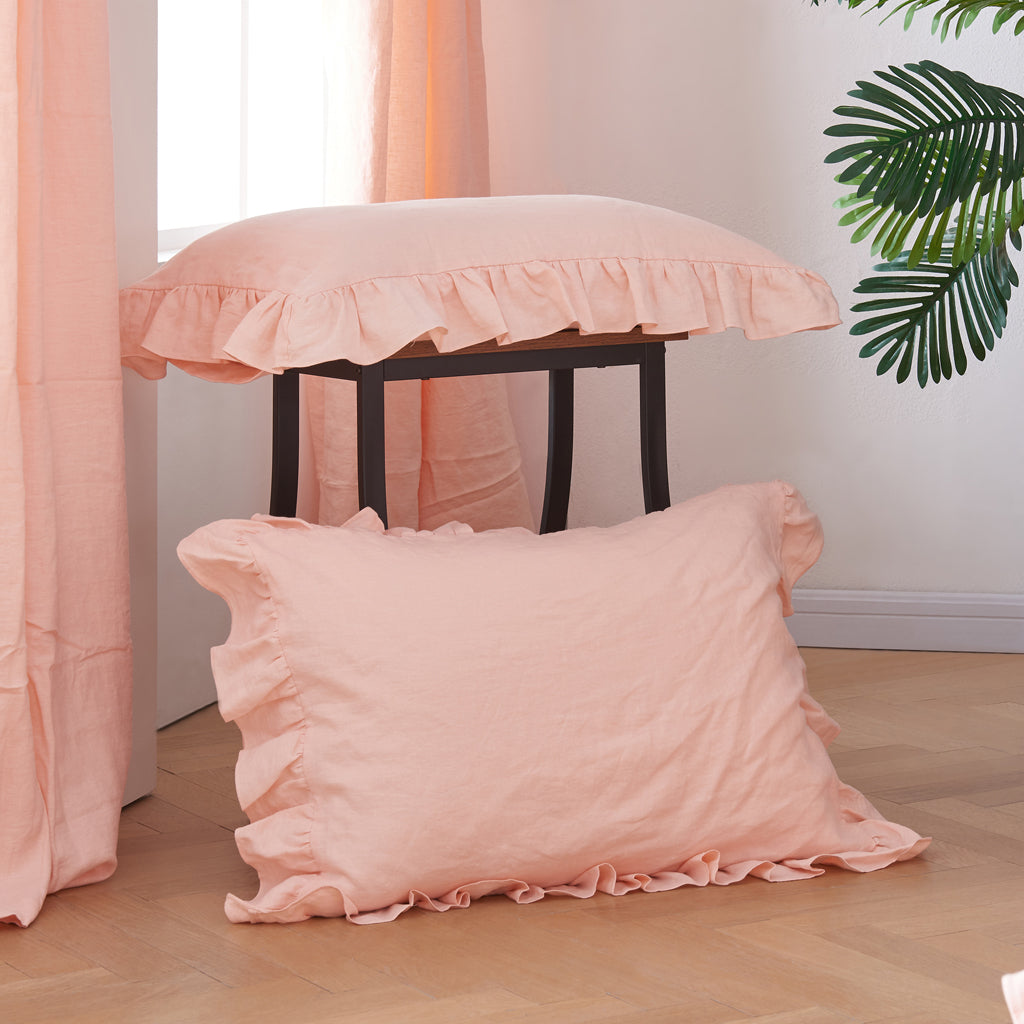 Peach 100% Line Ruffle Hem Pillowcases - linenforce