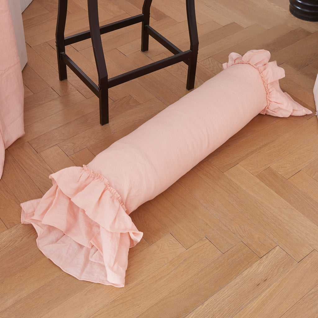 Peach 100% Linen Ruffle Hem Bolster