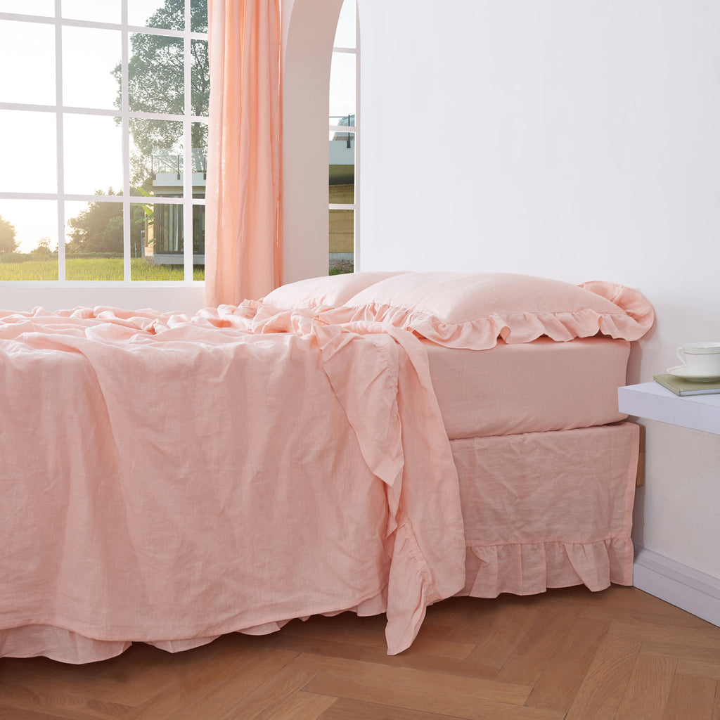 Close Up View Of Peach 100% Linen Ruffle Hem Flat Sheet - linenforce