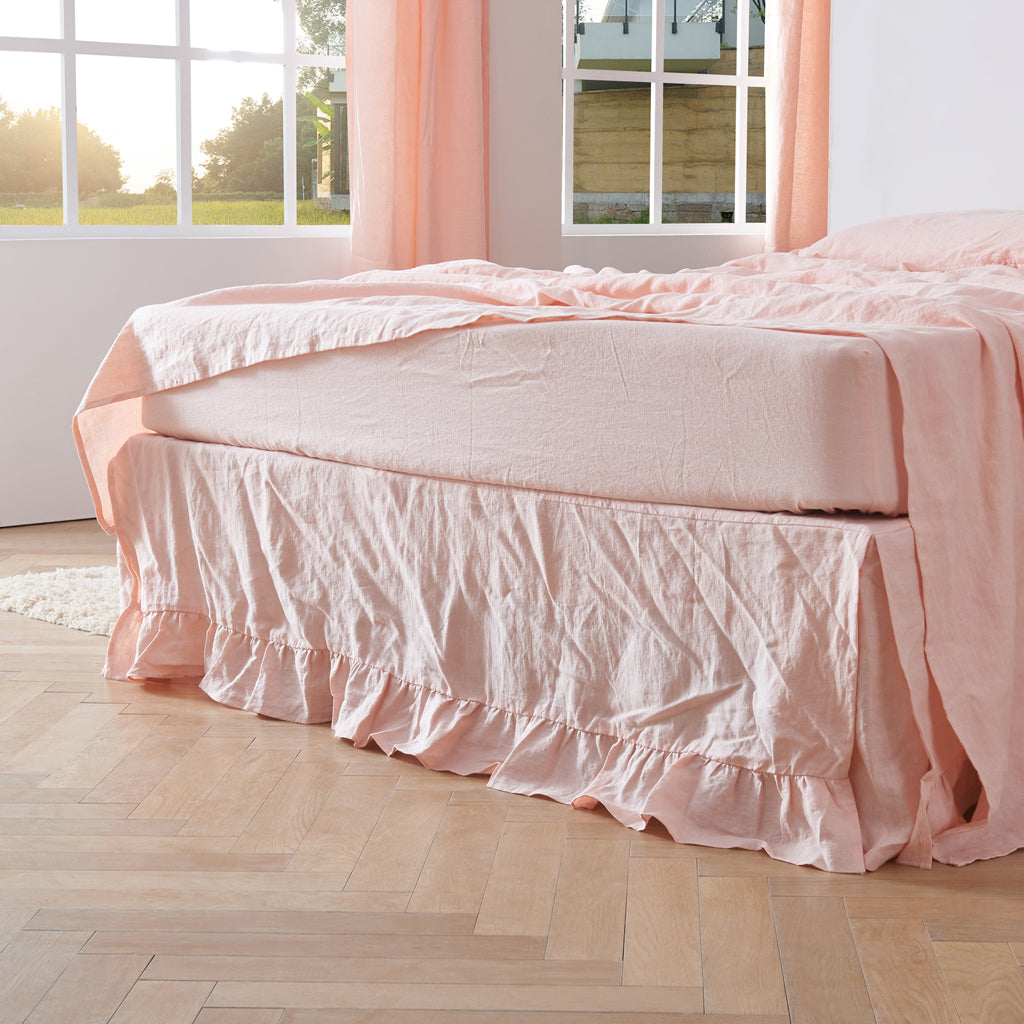 Side View Of Peach 100% Linen Ruffle Hem Bedskirt - linenforce