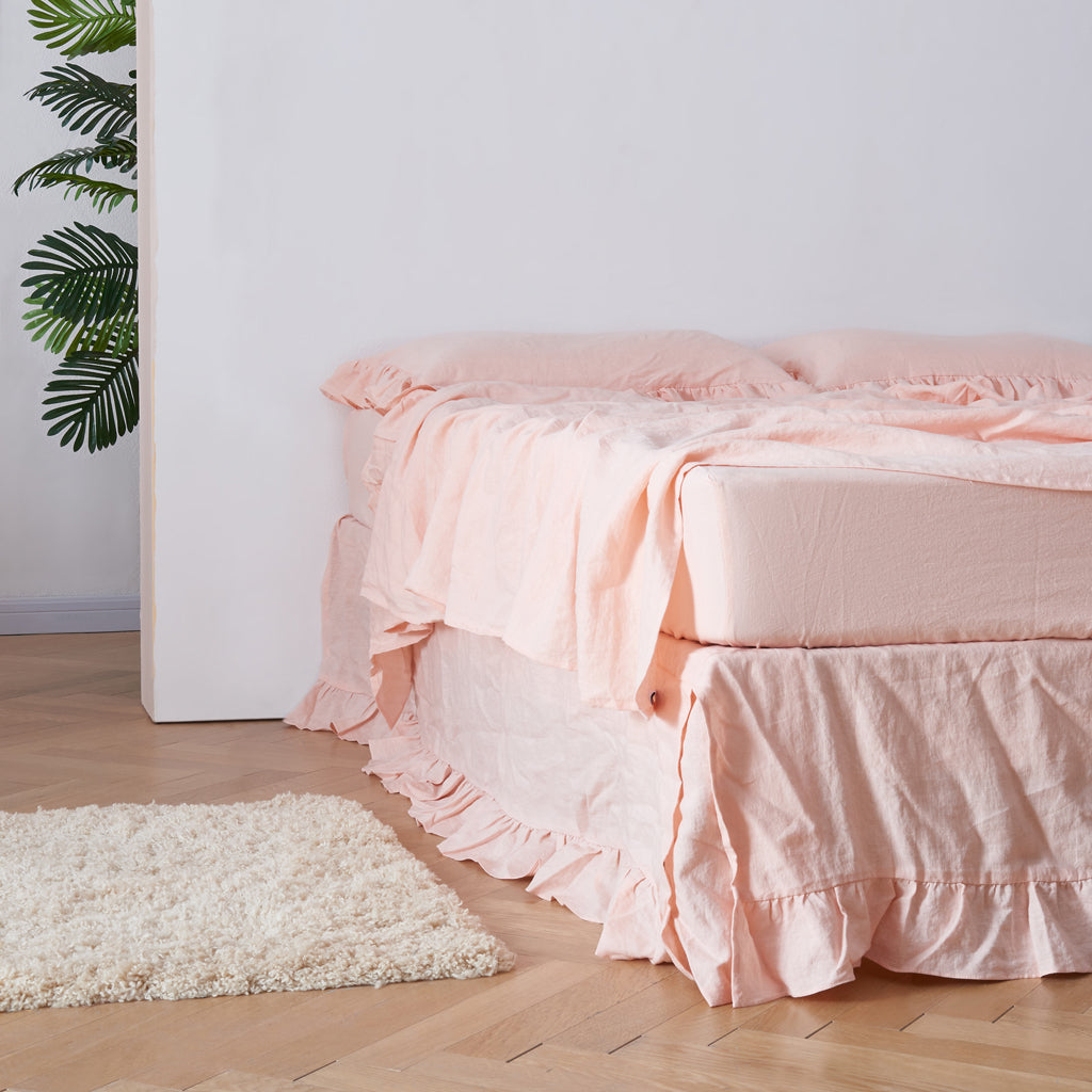 Front View Of Peach 100% Linen Ruffle Hem Bedskirt - linenforce