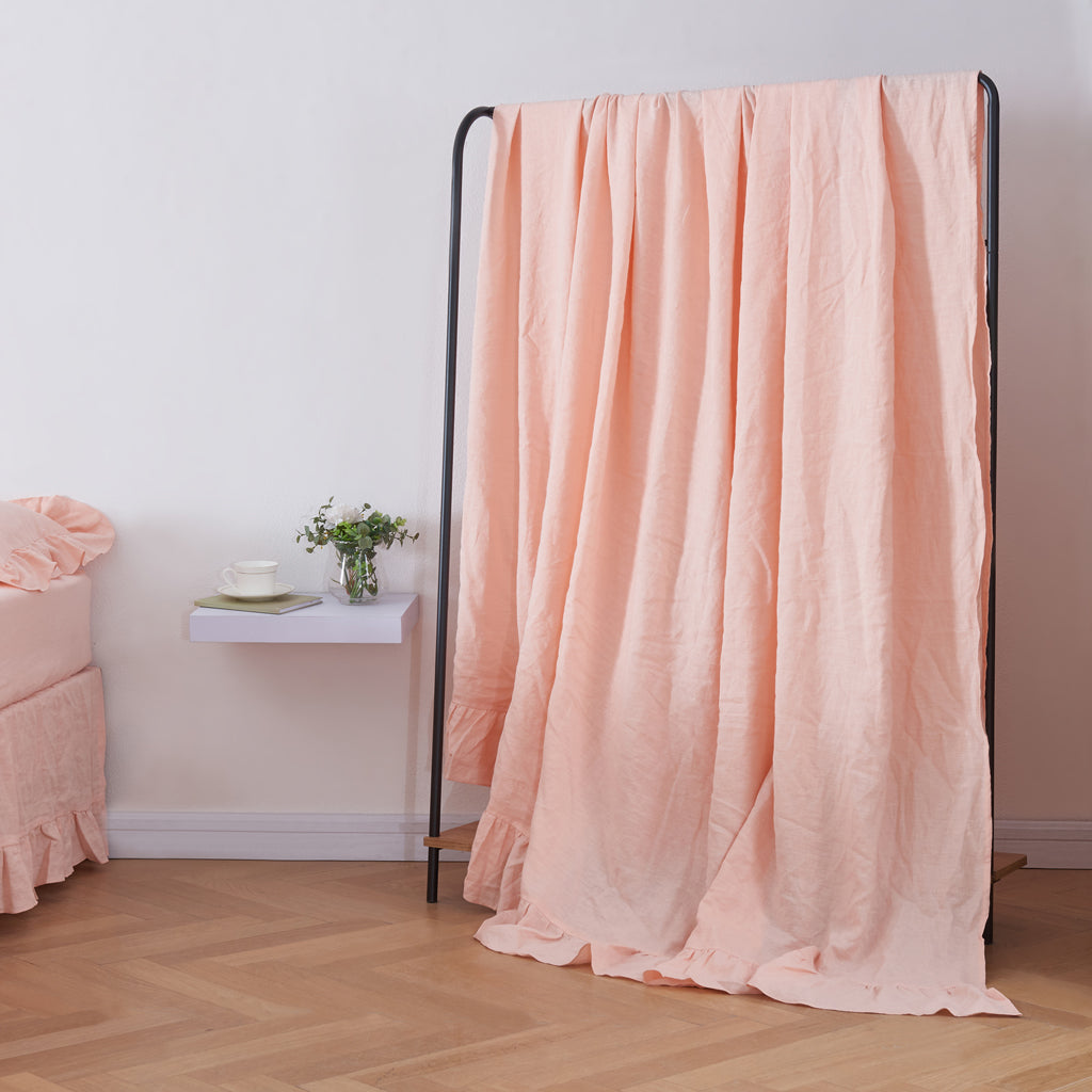 Peach 100% Linen Ruffle Hem Flat Sheet On Shelf - linenforce