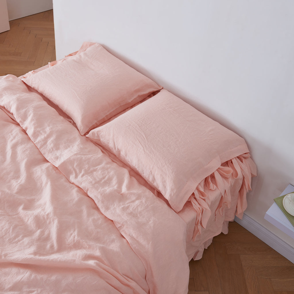 Peach 100% Linen Bow Ties Euro Pillowcases On Bed - linenforce