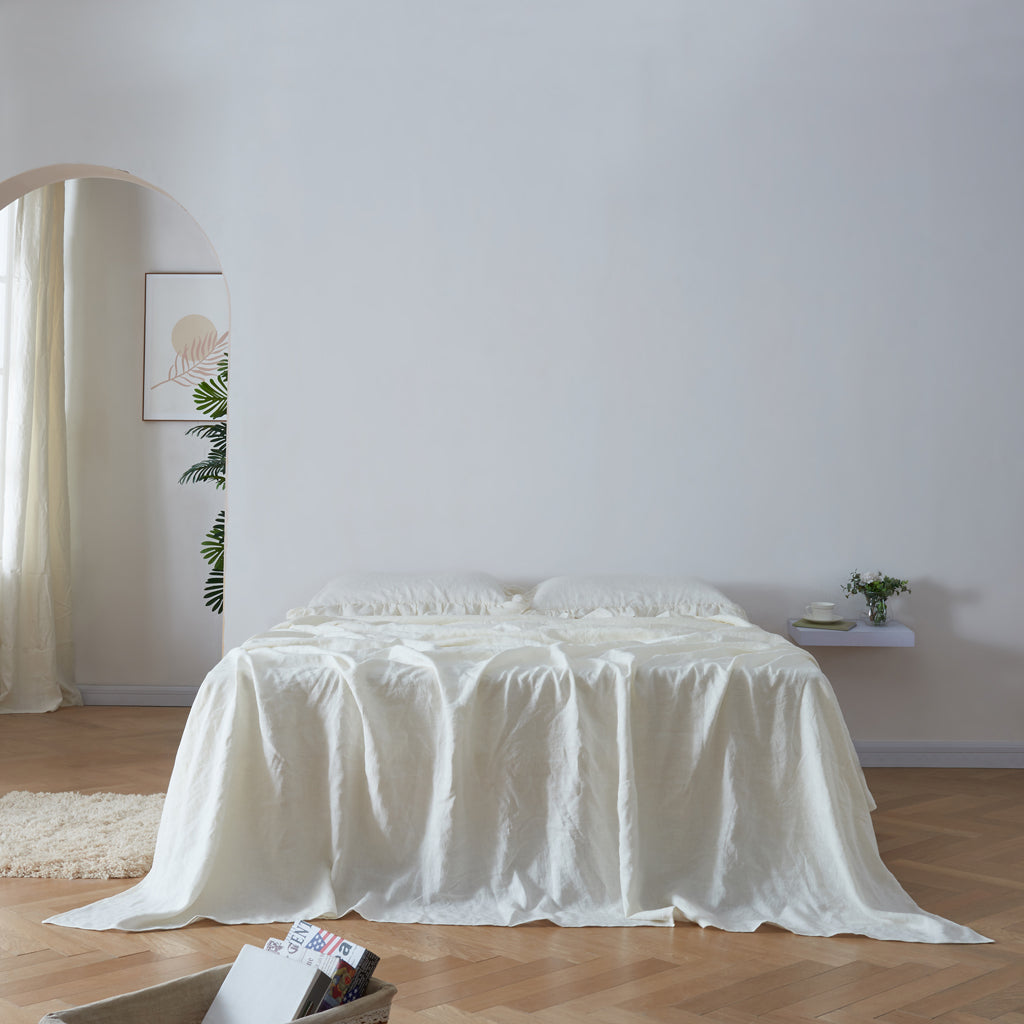 Ivory Linen Flat Sheet with Ruffle Hem