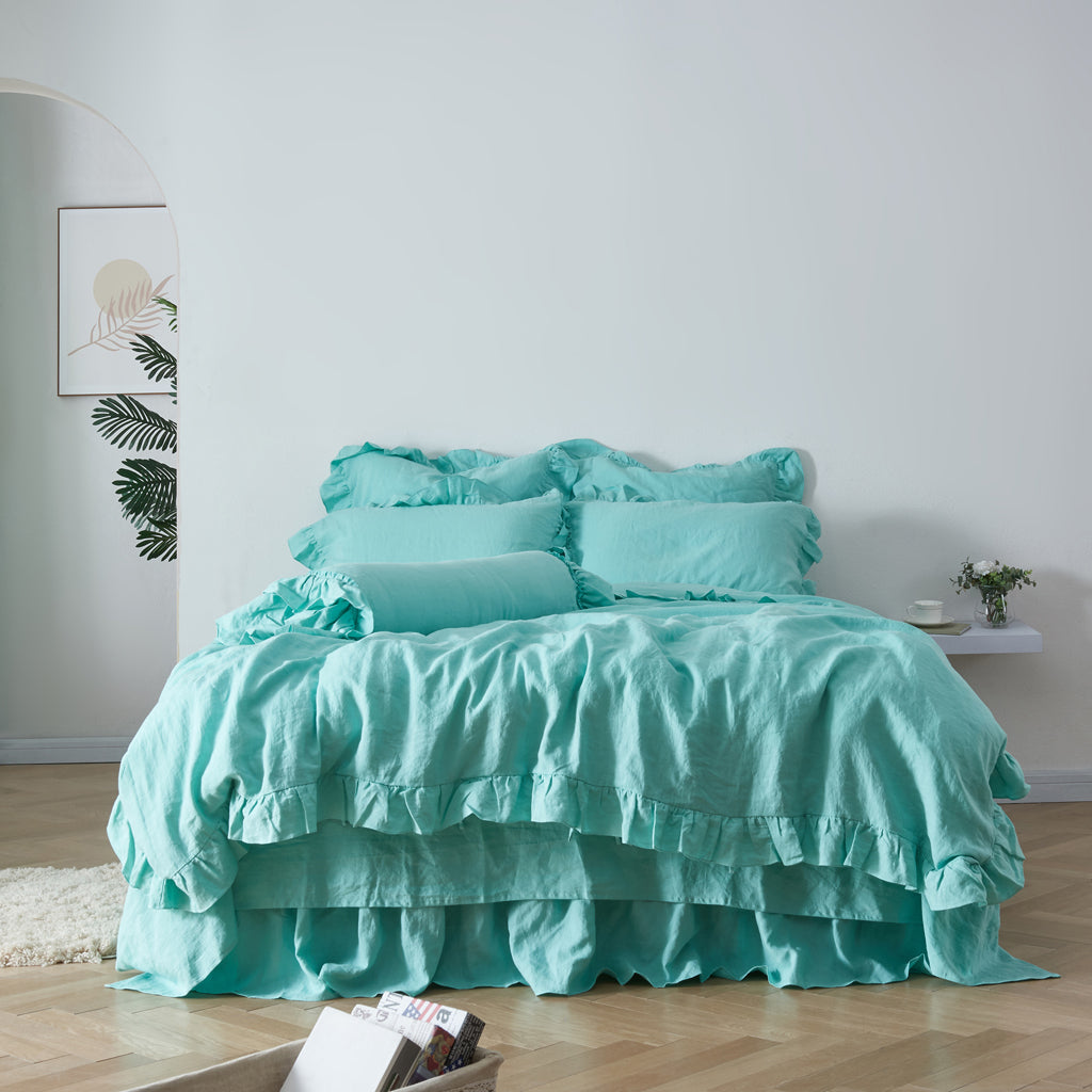 Aqua Green 100% Linen Ruffle Hem Duvet Cover - linenforce