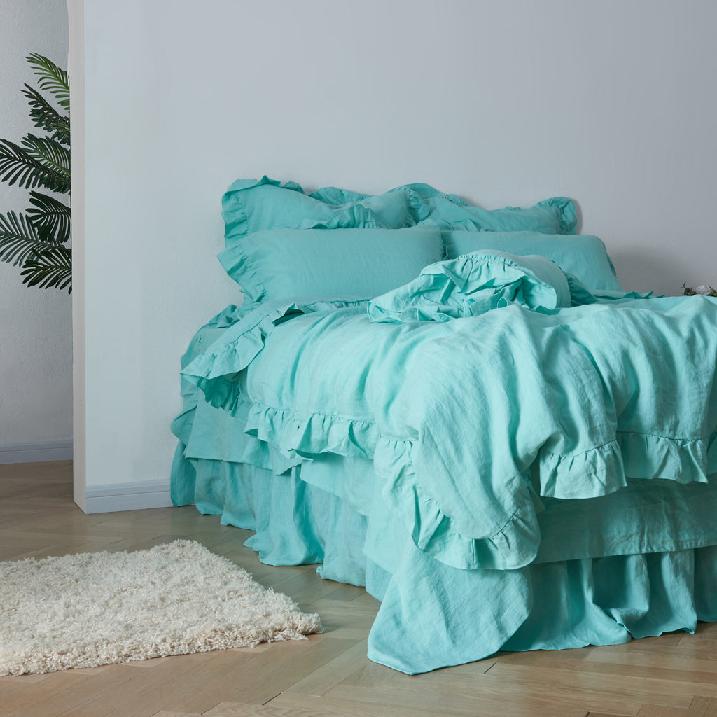Side View of Aqua Green 100% Linen Ruffle Hem Duvet Cover - linenforce