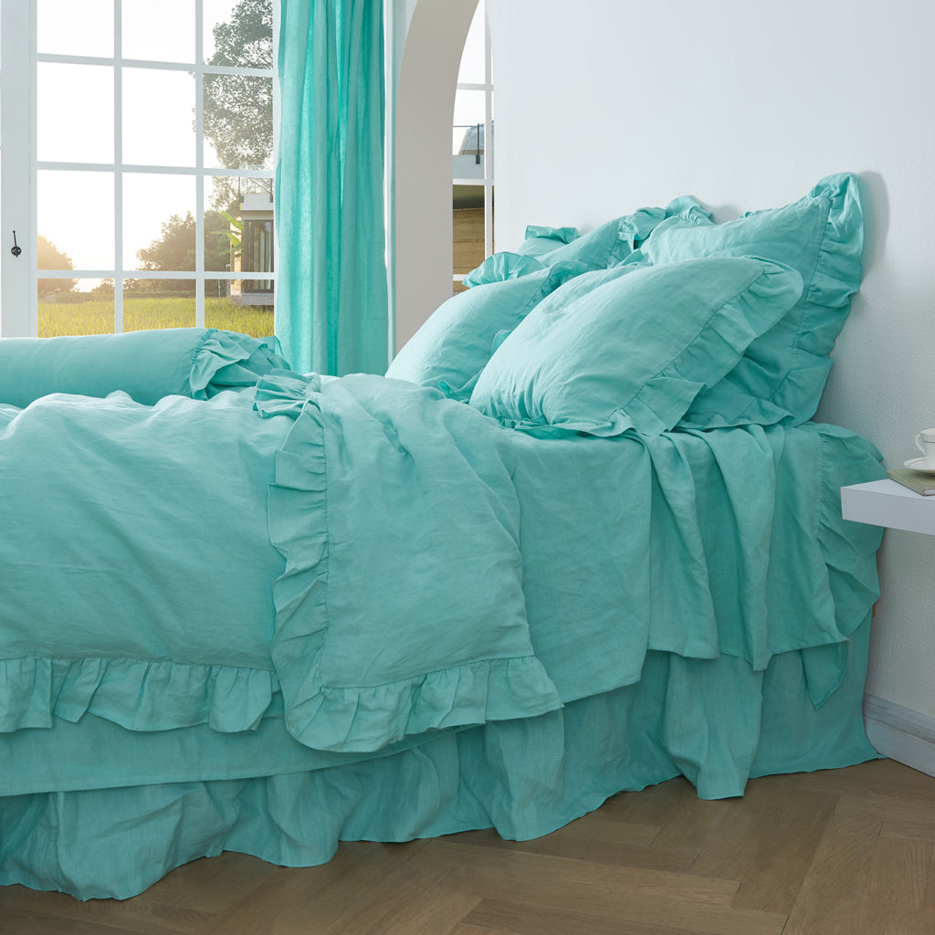 Close up view of Aqua Green 100% Linen Ruffle Hem Duvet Cover - linenforce