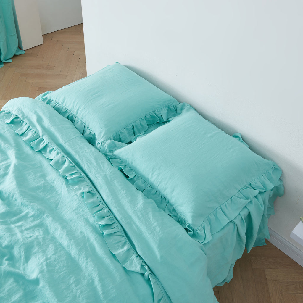 Aqua Green Linen Pillowcase Shams with Ruffle Hem