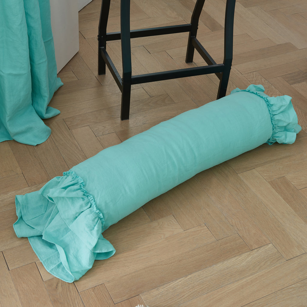 Aqua Green Linen Ruffle Hem Bolster Pillow