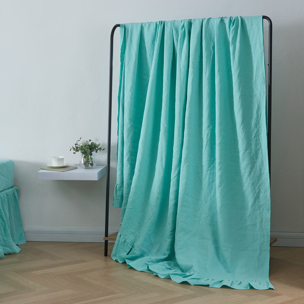 Aqua Green 100% Linen Ruffle Hem Flat Sheer On Shelf - linenforce
