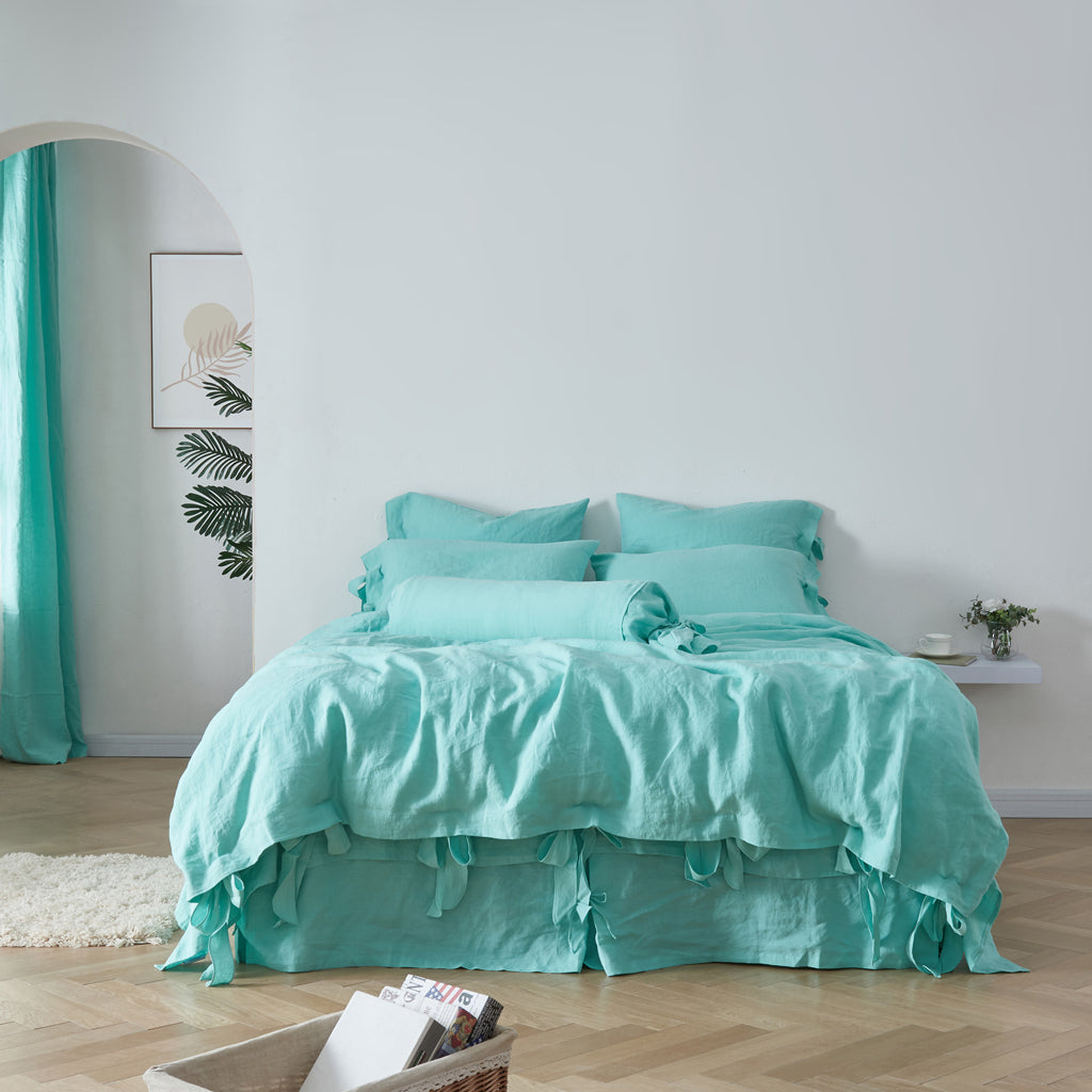 Aqua Green 100% Linen Bow Ties Duvet Cover With Bow Ties - linenforce