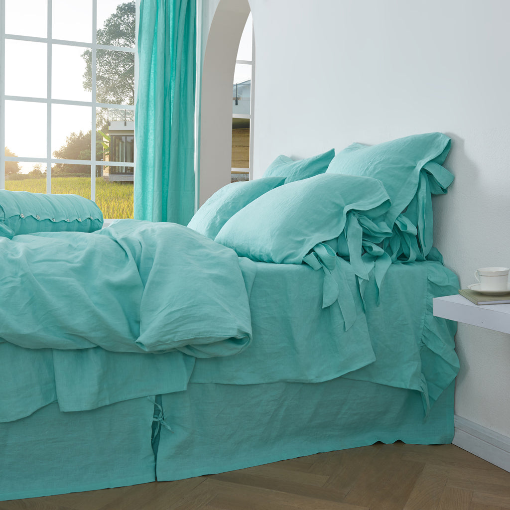 Close Up View Of 100% Linen Duvet Cover With Bow Ties - linenforce