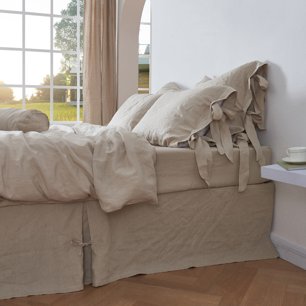 Side of Natural Linen Duvet Cover with Bow Ties and Matching Pillowcases