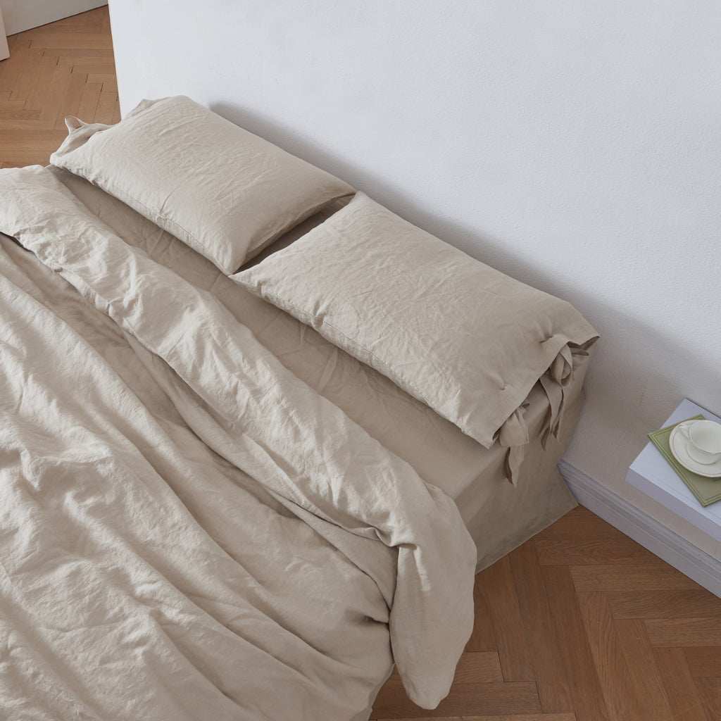 Natural 100% Linen Bow Ties Pillowcases On Bed - linenforce