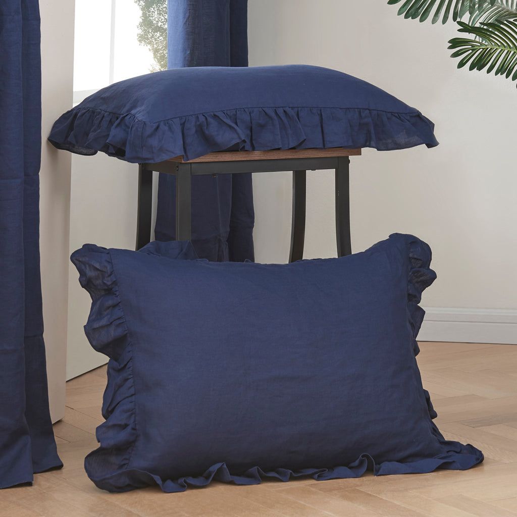 Indigo Blue Linen Ruffle Hem Pillowcases