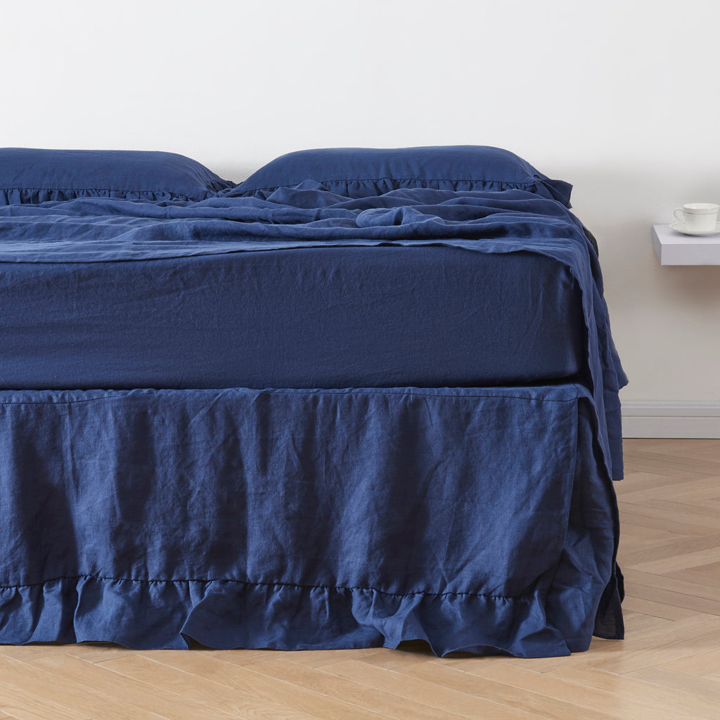 Indigo Blue Linen Ruffle Hem Bedskirt