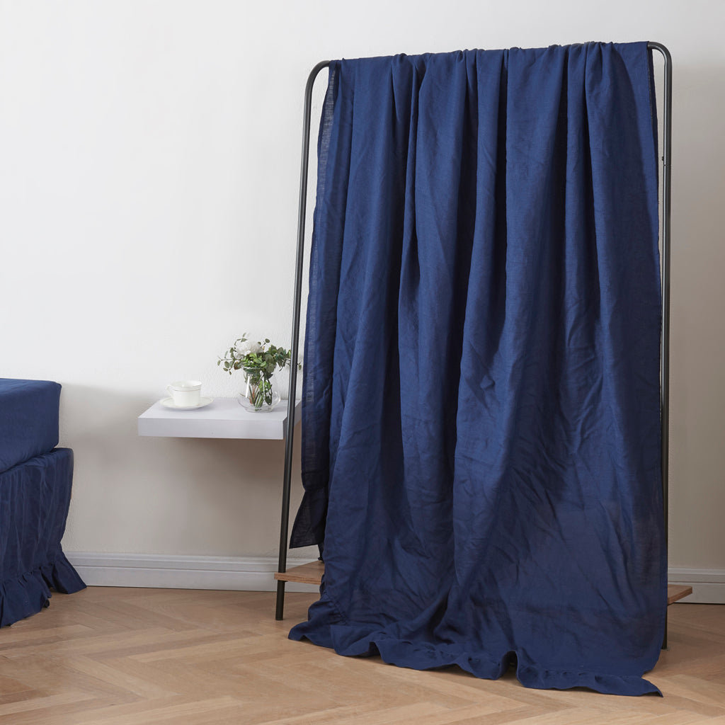 Indigo Blue Linen Ruffle Hem Flat Sheet on Rack