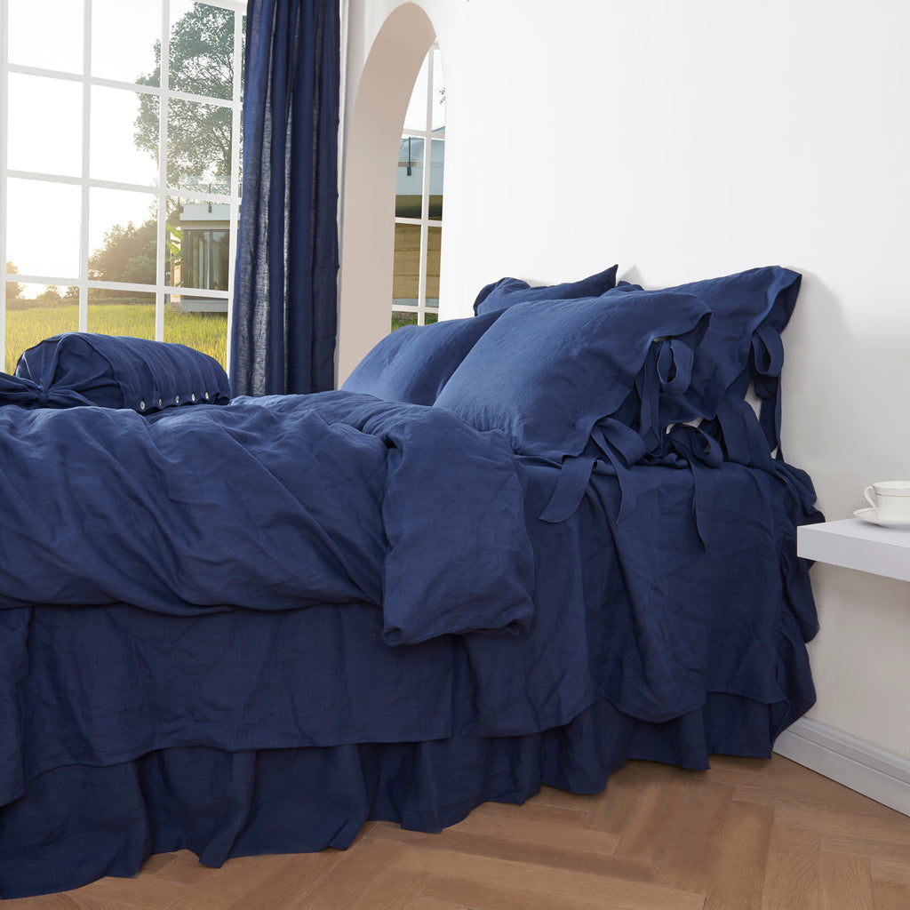 Close Up Of Side View Of Indigo Blue 100% Linen Bow Ties Duvet Cover - linenforce