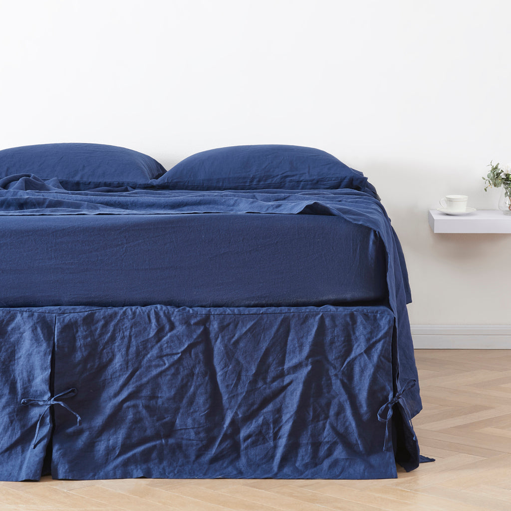Indigo Blue Linen Bedskirt with Knots