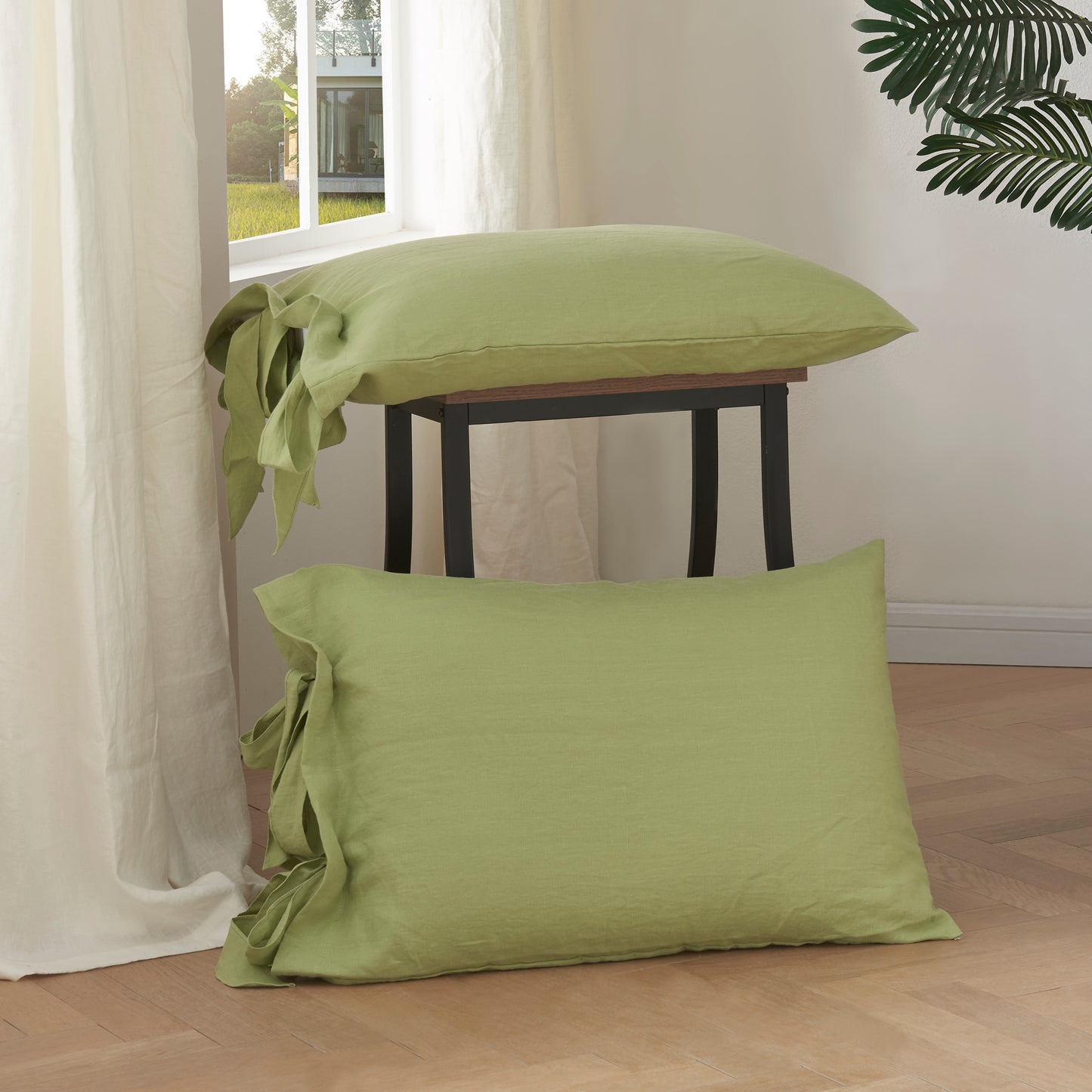 Matcha Green Linen Pillowcases with Bow Ties