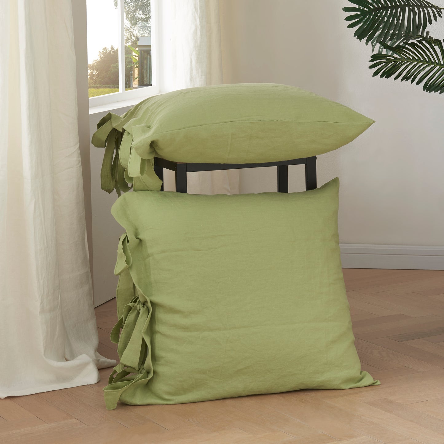 Matcha Green Square Linen Pillowcases with Bow Ties