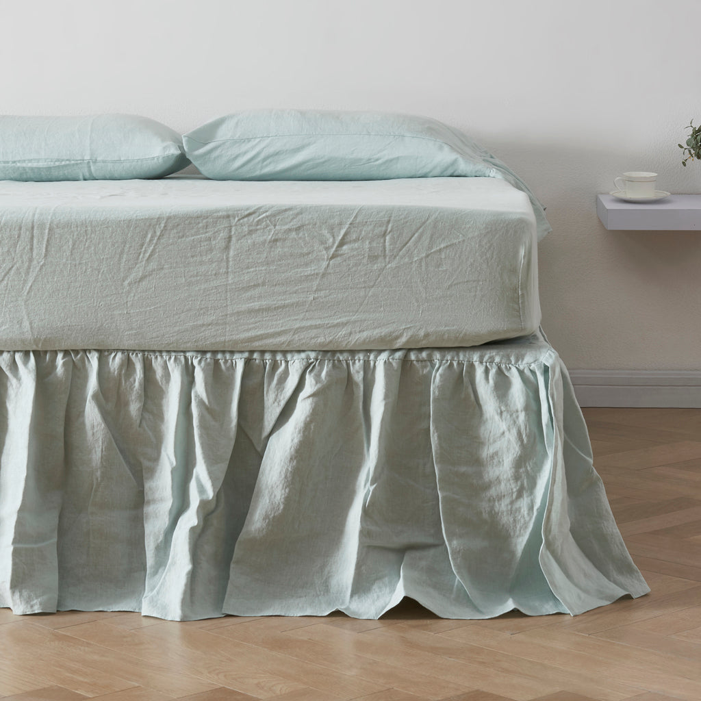 Gathered Pale Blue Linen Dust Ruffle