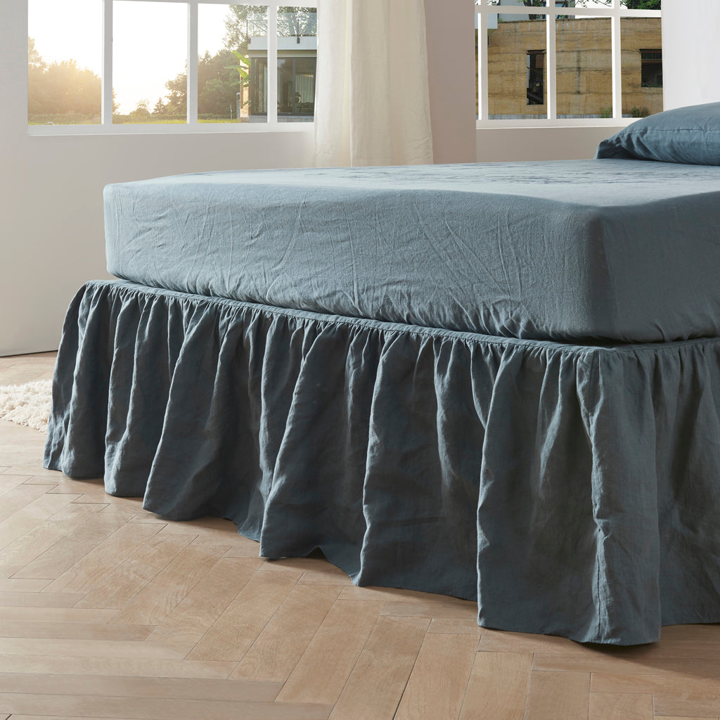 French Blue Linen Gathered Dust Ruffle Bedding