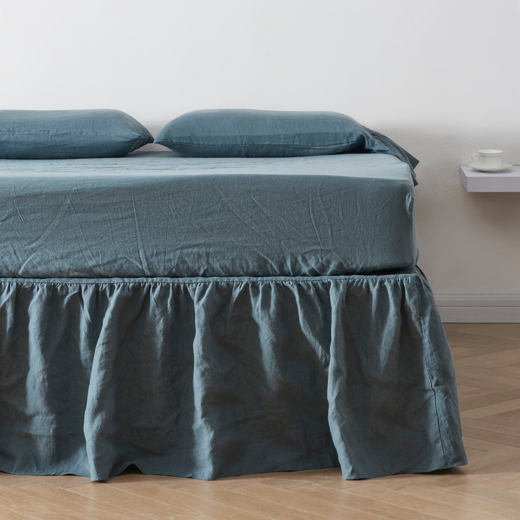 French Blue 100% Linen Gathered Dust Ruffle on Bed