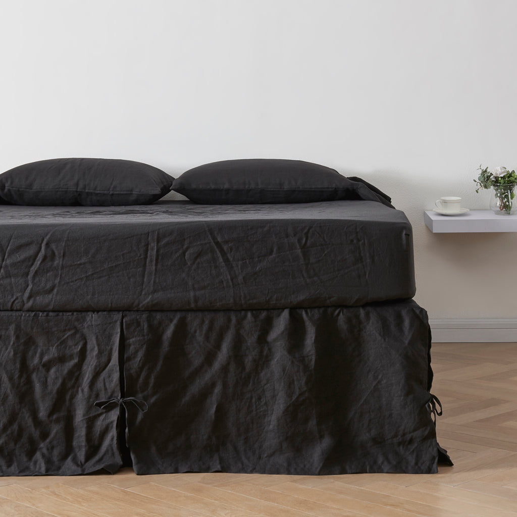 Black 100% Linen Side Pleated Bedskirt With Knots - linenforce
