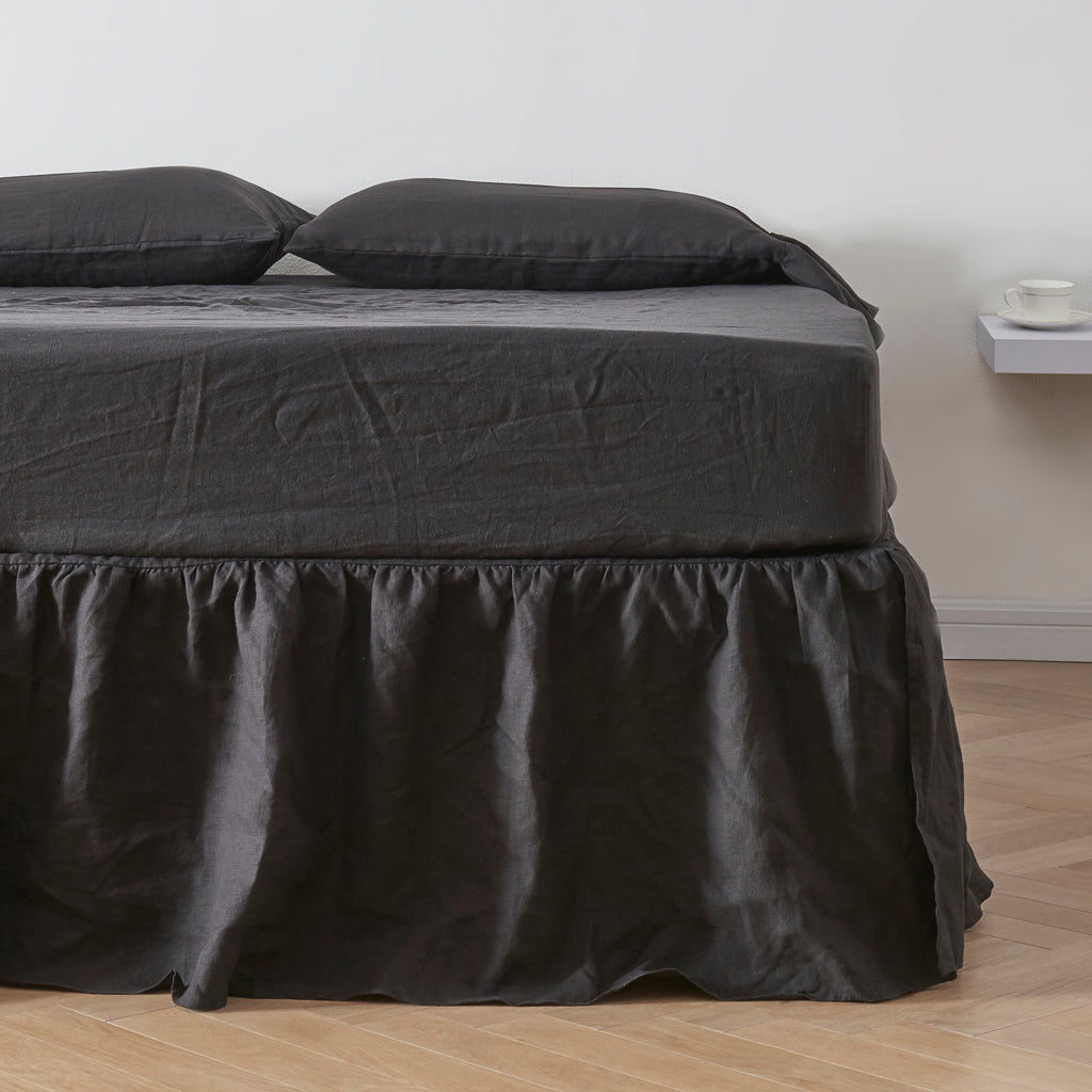 Black Linen Dust Ruffle Gathered on Bed