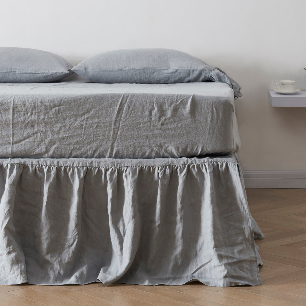 Alloy Gray Linen Gathered Dust Ruffle on Bed