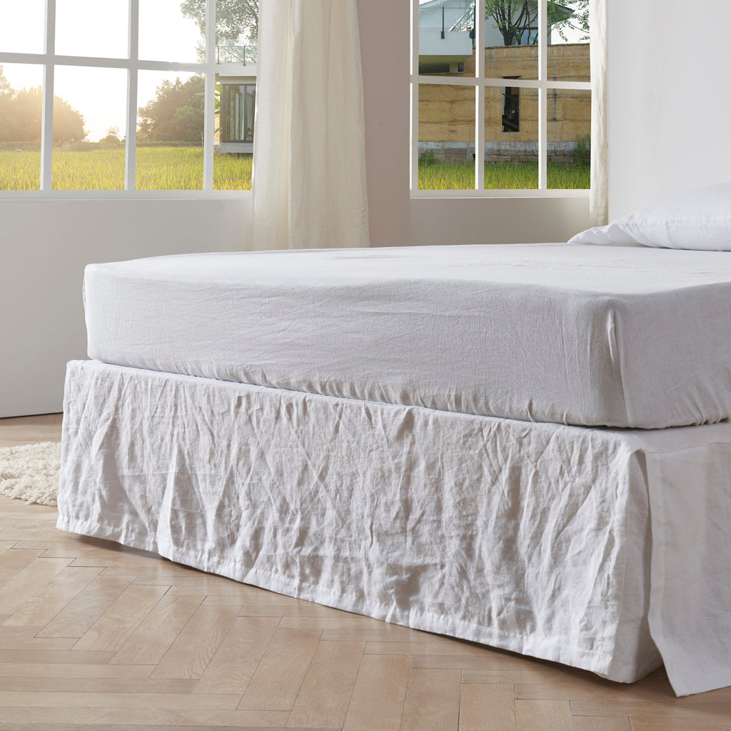 Split Corner Linen Bedskirt in Bright Optic White