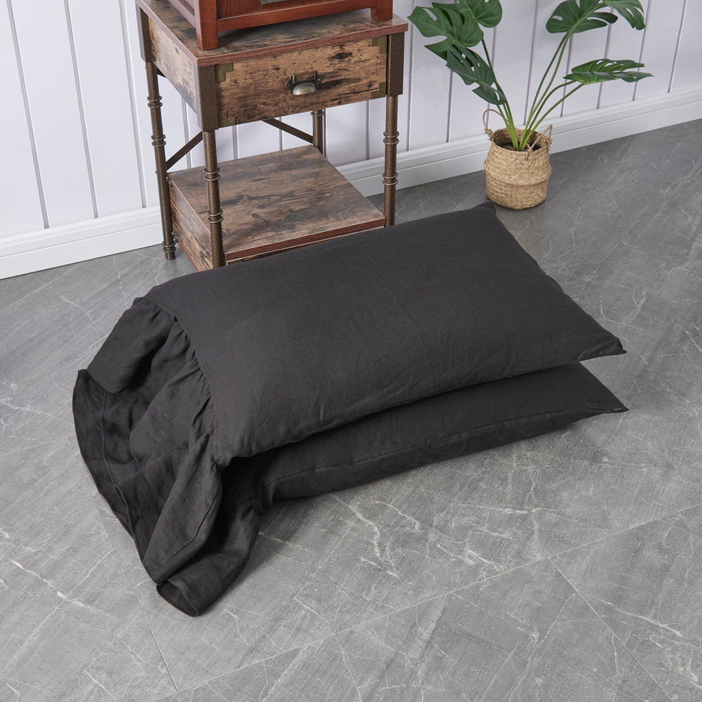 Black 100% Linen Side Ruffle Pillowcases Pile Up - linenforce