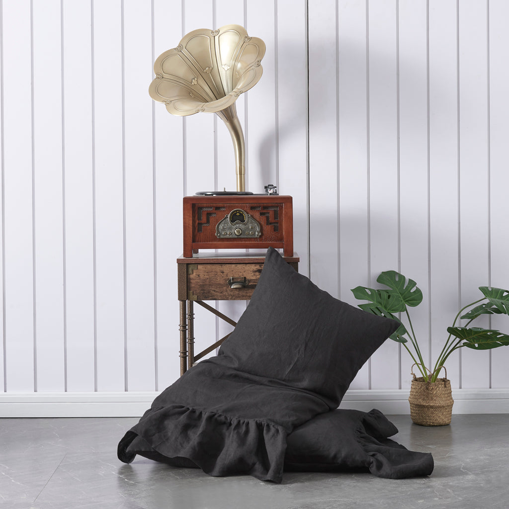 Black 100% Linen Side Ruffle Pillowcases