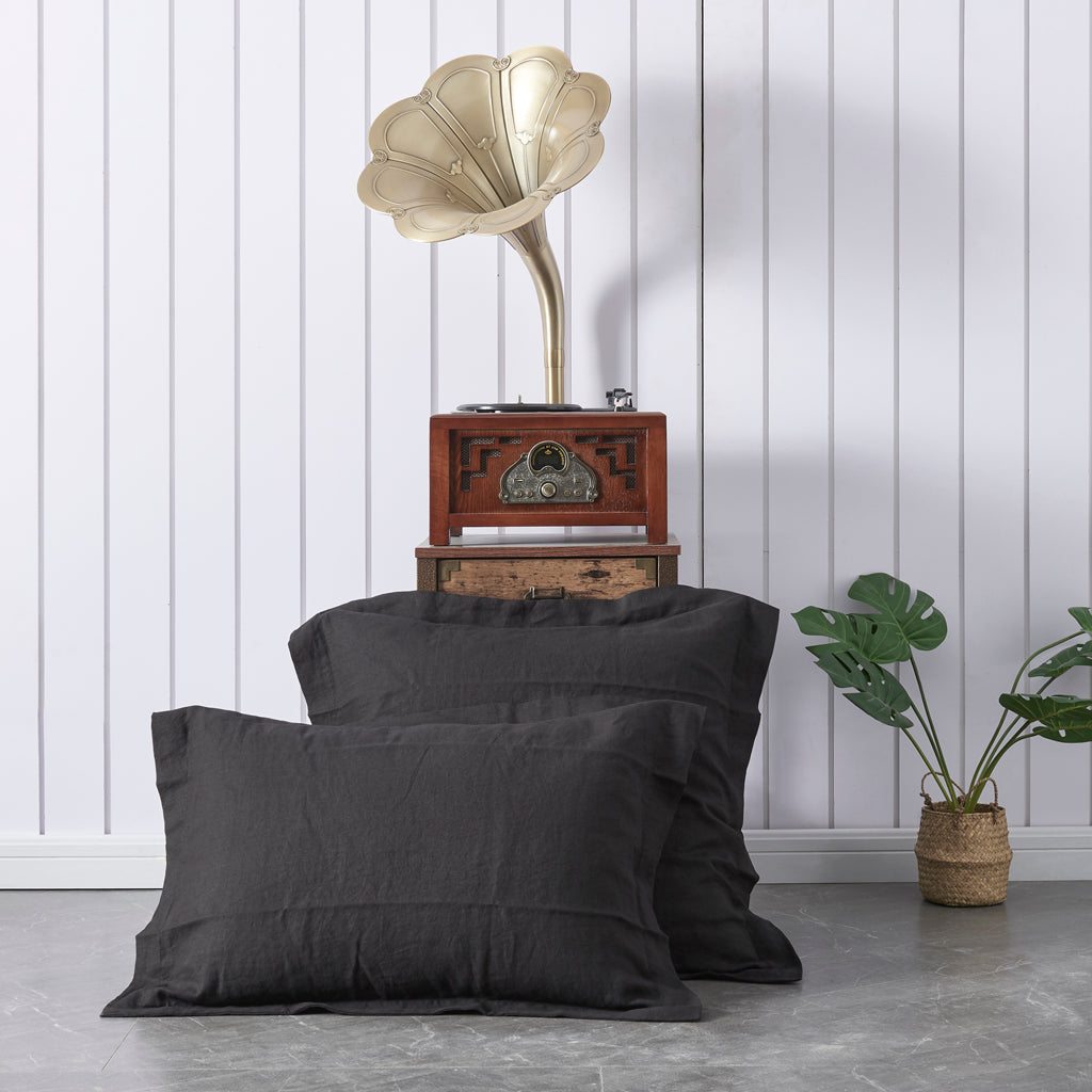 Two Sizes of 100% Linen Black Oxford Hem Pillowcases