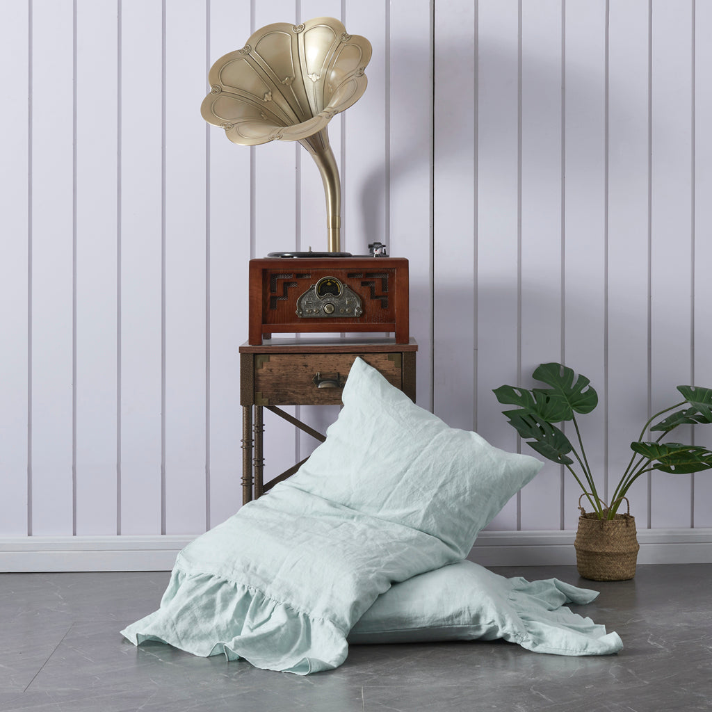 Pale Blue Linen Side Ruffles Pillowcases